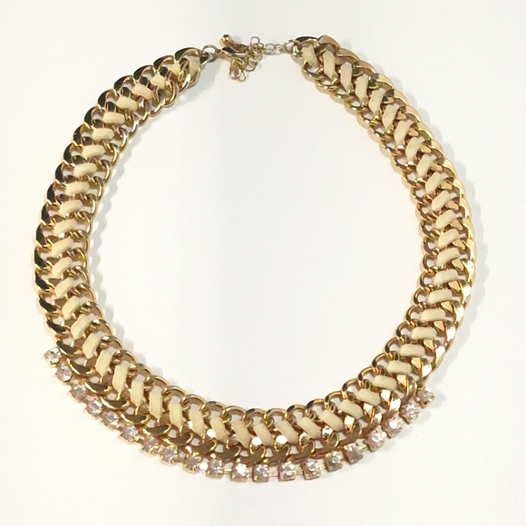 Gold Tone Chain Leather Crystal Rhinestone Chunky Necklace - Picture 3 of 9